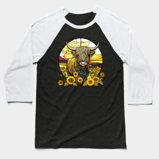 Sunflower Stained Glass Highland Cow #9 Baseball T-Shirt